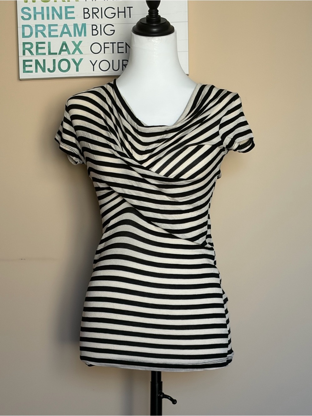 CAbi Black & White Striped Draped Cowl Neck Tee